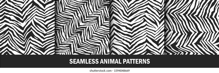 Set of seamless vector animal skin patterns. Collection of zebra tiger stripes prints. For fabric, textile, wrapping, cover, banner etc. 10 eps