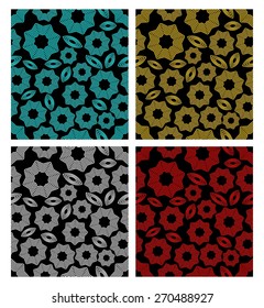 A set of seamless vector background tiles with star flowers. Monoline drawing on black background.