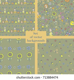 Set of seamless vector backgrounds. Cartoon animals, flowers, berries. Suitable for children's bedding, or clothes, flyer children's books.