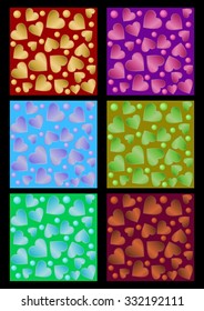 Set of seamless vector backgrounds with metallic heart shapes in different colors. Decoration for cheerful birthday party or happening.