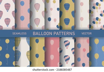 Set of seamless vector balloon patterns. Collection of multicolor hand drawn airship backgrounds. For fabric, textile, banner, design, wrapping.