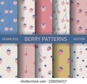 Set of seamless vector berry patterns. Collection of food repeat backgrounds for fabric, textile, wrapping, cover etc.