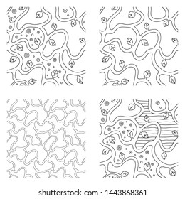 Set of seamless vector black and white hand drawn pattern with branch, leaves, dots. Abstract infinite tree. Graphic colorless illustration. Print for fabric, background, wallpaper, packeging wrapping