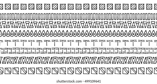 Set of seamless vector borders. Black and white geometrical endless lines with hand drawn geometric shapes, triangles, circles, dots, lines. Simple graphic design. Repeat decorative ornament. 