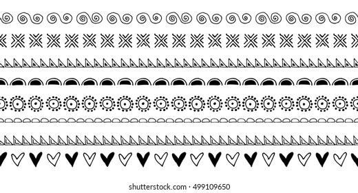 Set of seamless vector borders. Black and white geometrical endless lines with hand drawn geometric shapes, triangles, circles, dots, lines, hearts. Simple graphic design. Repeat decorative ornament. 