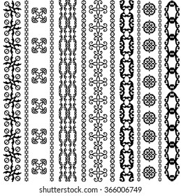 Set of seamless vector borders with ethnic motifs and geometrical ornaments. Safari collection. Black and white.