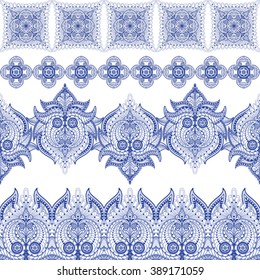 Set of seamless vector borders. Floral paisley oriental pattern.