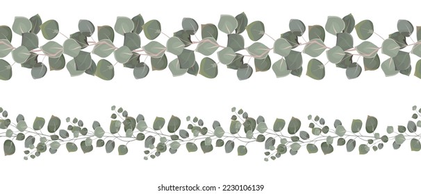 A set of seamless vector borders. Green eucalyptus, plant branches. Repeating pattern. 