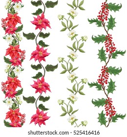 Set of seamless vector borders. Holly, hellebore and poinsettia flowers.