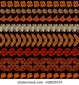 Set of seamless vector borders inspired by aboriginal art. Ethnic motifs and geometrical ornaments. Safari collection. Terracotta shadows on dark brown.