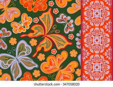 Set of seamless vector butterflies pattern and border (band ribbon strip). Abstract seamless background