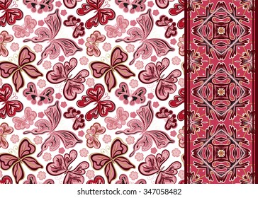 Set of seamless vector butterflies pattern and border (band ribbon strip). Abstract seamless background
