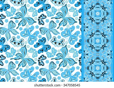 Set of seamless vector butterflies pattern and border (band ribbon strip). Abstract seamless background