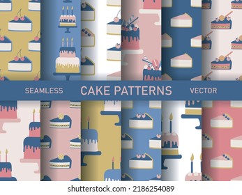 Set of seamless vector cake patterns. Collection of food repeat backgrounds for fabric, textile, wrapping, cover etc.