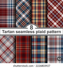 Set seamless vector check plaid colored pattern. Straight and oblique scottish cage texture. Checkered fashion background. Of printing on fabric, shirt, textile, curtain and tablecloth.