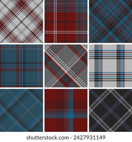 Set seamless vector check plaid colored pattern. Straight and oblique scottish fashion cage texture. Checkered background. Of printing on fabric, shirt, textile, curtain and tablecloth.
