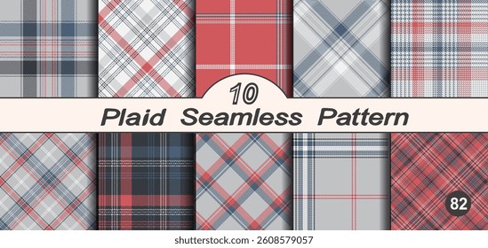 Set seamless vector check plaid colored pattern. Straight and oblique scottish fashion cage texture. Checkered background. Of printing on fabric, shirt, textile, curtain and tablecloth.