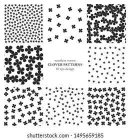 Set of seamless vector clover leaves patterns. Stylish design for print, fabric, textile, cover, wrapping etc. 10 eps simple black and white backgrounds.