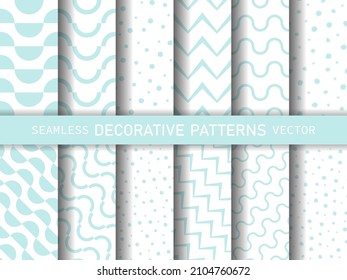 Set of seamless vector decorative blue and white patterns. Collection geometric abstract backgrounds for design, fabric, textile, home decor, wrapping etc.