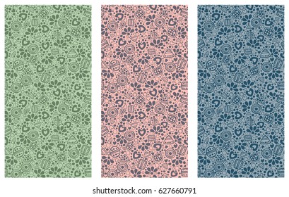 Set of seamless vector decorative hand drawn patterns. Ethnic endless background with ornamental decorative elements with traditional motives, tribal geometric figures, dots and flowers.