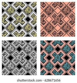 Set of seamless vector decorative hand drawn patterns. ethnic endless background with ornamental decorative elements with traditional etnic motives, tribal geometric figures.