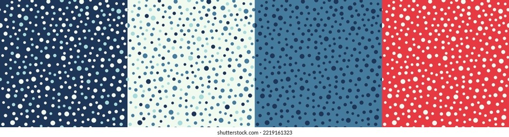 Set of seamless vector dot patterns. Abstract geometric multicolor backgrounds with small circles. Polka dot wallpaper. Blue, light blue and red colors.