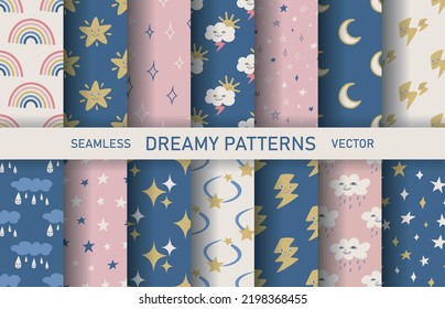 Set of seamless vector dreamy patterns. Collection of stars moon cloud and rainbow backgrounds for design, fabric, textile, cover, wrapping.