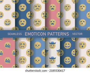 Set of seamless vector facial expression patterns. Collection of chat icons backgrounds for fabric, textile, wrapping, cover etc.