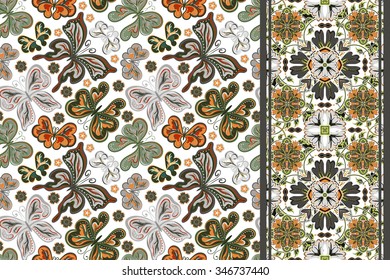 Set of seamless vector floral  pattern, pattern and ornate border (band ribbon ) Can be used for wallpaper, pattern fills, surface textures