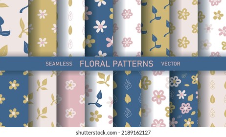 Set of seamless vector floral patterns. Collection of flowers backgrounds for design, fabric, textile etc.