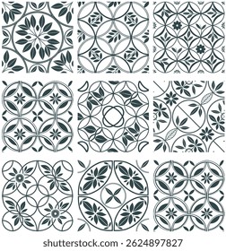 A set of seamless vector floral patterns with vintage ornament and geometric elements for wallpaper and fabric design