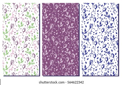 Set of seamless vector floral patterns. Hand drawn backgrounds with flowers, leaves, decorative element. Graphic illustration. Series - set of vector seamless patterns