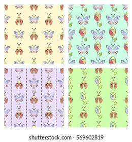 Set of seamless vector floral patterns with insect, colorful backgrounds with decorative ladybugs,butterfly,flowers.Graphic vector illustration. Series of Animals and Insects Seamless vector Patterns.