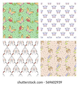 Set of seamless vector floral patterns with insect, colorful backgrounds with decorative ladybugs,butterfly,flowers.Graphic vector illustration. Series of Animals and Insects Seamless vector Patterns.