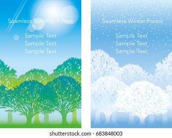 A set of seamless vector forest illustrations. One is in summer and the other is in winter.