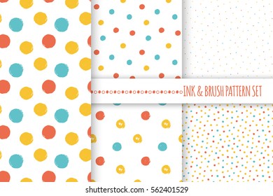 Set of seamless vector free hand multicolored baby doodle polka dot and circle textures, dry brush ink art.