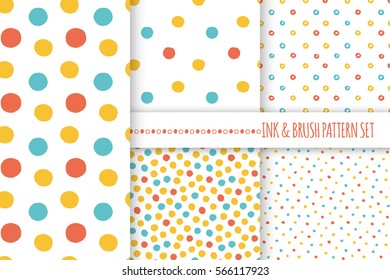 Set of seamless vector free hand multicolored baby doodle polka dot and circle textures, dry brush ink art.