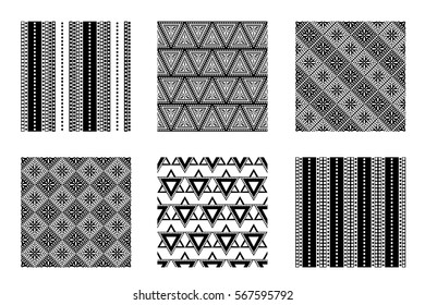 Set of seamless vector geometric black and white patterns with ornamental elements,endless background with ethnic motifs. Graphic vector illustration. Series- sets of vector seamless patterns