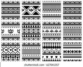 Set of seamless vector geometric black and white pattern with etnic geometric tribal elements, back ground with etnic, etno, ethnic, ethno motifs. Graphic vector seamless illustration, pattern