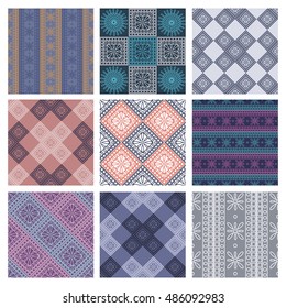 Set of seamless vector geometric colorful patterns with ornamental elements,endless background with ethnic motifs. Graphic vector illustration. 