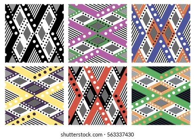 Set of seamless vector geometric colorful patterns with ornamental elements,endless background with ethnic motifs. Graphic vector illustration. Series sets of vector seamless patterns. 