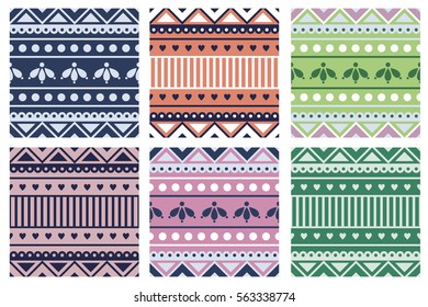 Set of seamless vector geometric colorful patterns with ornamental elements,endless background with ethnic motifs. Graphic illustration. Series- sets of vector seamless patterns