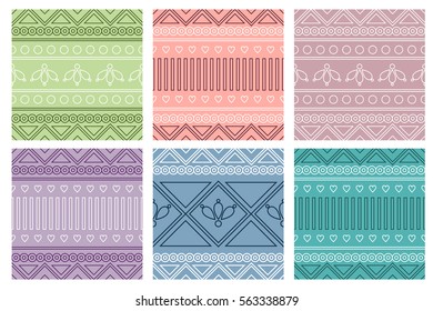 Set of seamless vector geometric colorful patterns with ornamental elements,endless background with ethnic motifs. Graphic illustration. Series- sets of vector seamless patterns