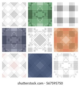 Set of seamless vector geometric colorful patterns with ornamental elements,endless background with classic motifs. Graphic vector illustration. Series- sets of vector seamless patterns