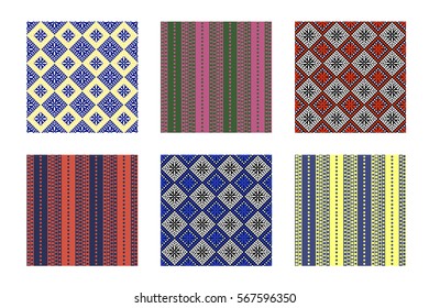 Set of seamless vector geometric colorful patterns with ornamental elements,endless background with ethnic motifs. Graphic vector illustration. Series- sets of vector seamless patterns