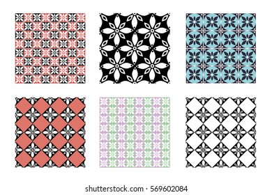 Set of seamless vector geometric colorful patterns with ornamental elements,endless background with ethnic motifs. Graphic vector illustration. Series- sets of vector seamless patterns. 