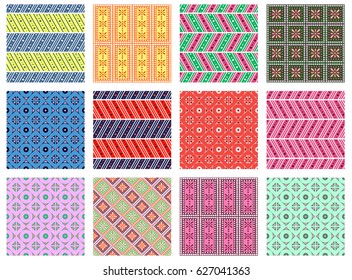 Set of seamless vector geometric colorful patterns with ornamental elements,endless background with ethnic motifs. Graphic vector illustration. Series- sets of vector seamless patterns.