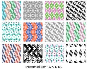 Set of seamless vector geometric colorful and black, white patterns with ornamental elements endless background with ethnic motifs. Graphic vector illustration. Series sets of vector seamless patterns