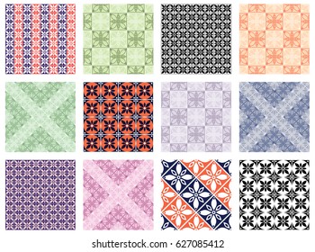 Set of seamless vector geometric colorful patterns with ornamental elements,endless background with ethnic motifs. Graphic vector illustration. Series- sets of vector seamless patterns.