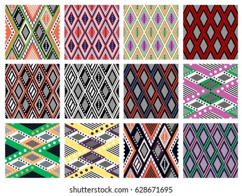 Set of seamless vector geometric colorful patterns with ornamental elements,endless background with ethnic motifs. Graphic tribal illustration. Series- sets of vector seamless patterns.